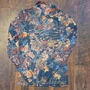 Floral Long Sleeve Sheer Shirt - Teal with Rust & Blue Accents
